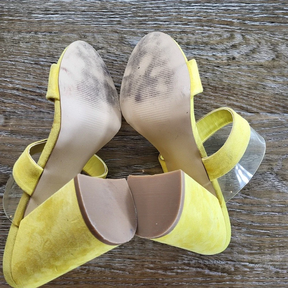Steve Madden Yellow Suede Clear Strap Block Heel Sandals Mules Womens Size 8.5
